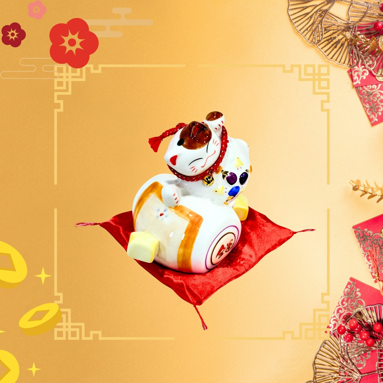 Lucky Cat - 色彩坐鼓招財貓 6“