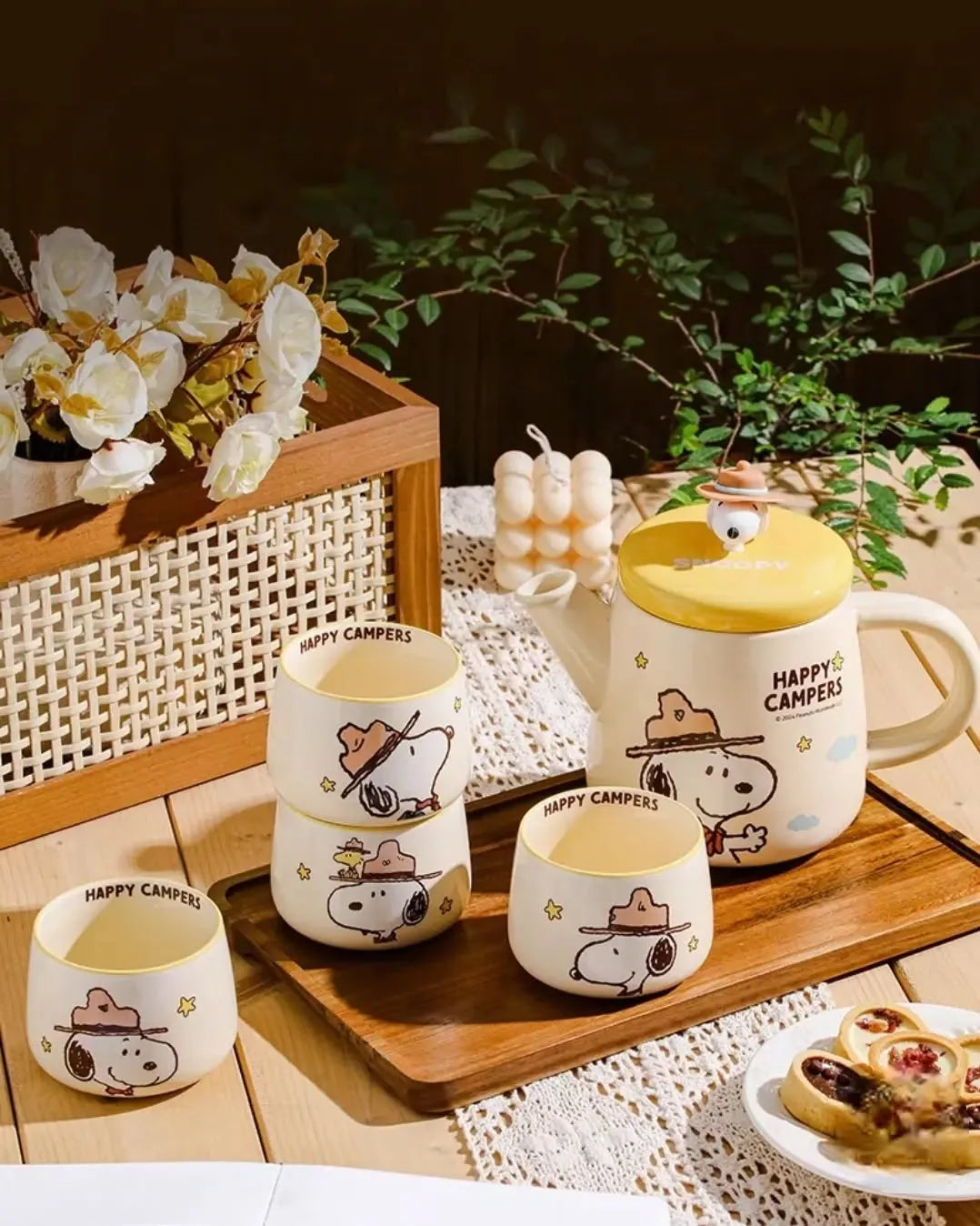 PEANUT SNOOPY Authentic Happy Camper Tea Set Yellow