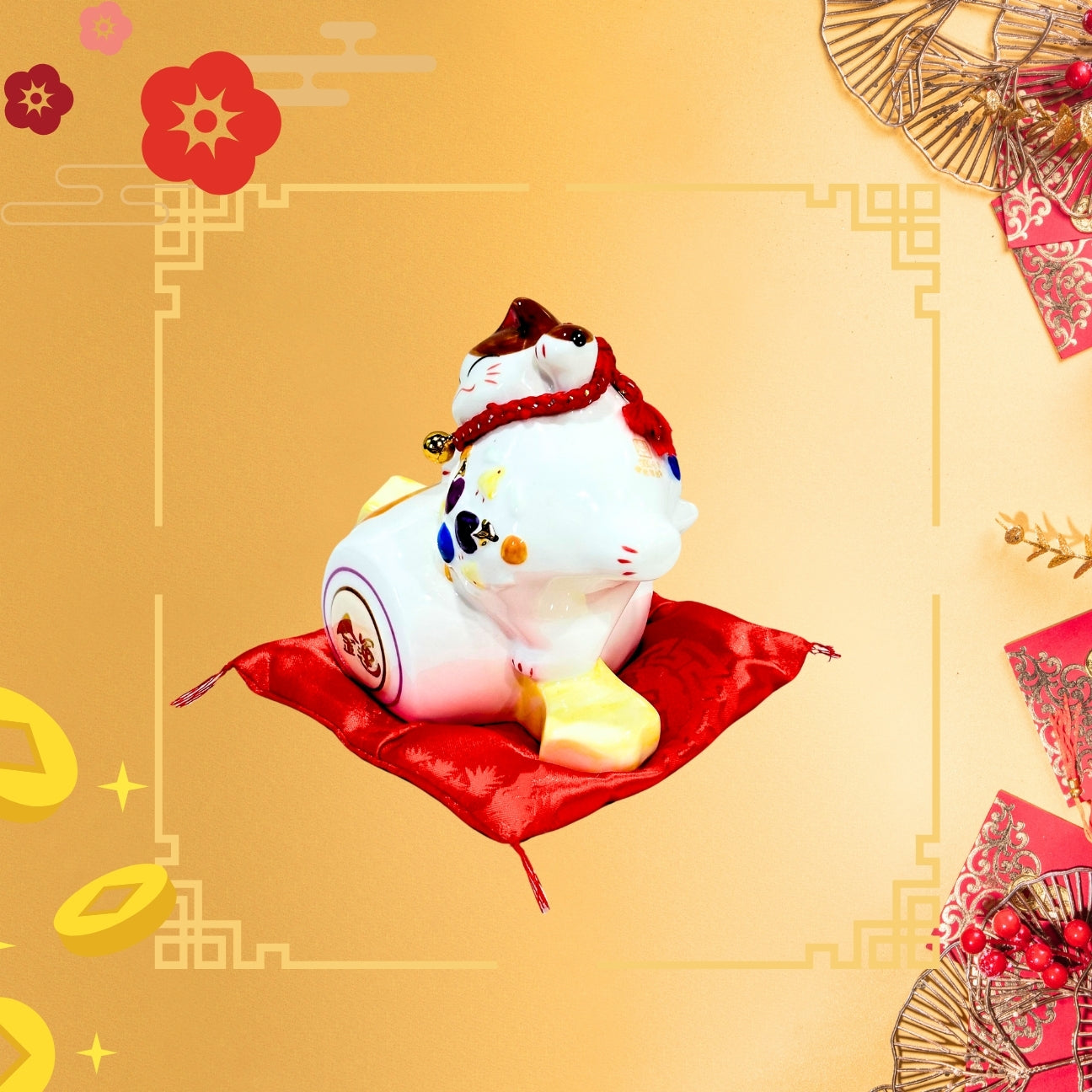 Lucky Cat - 色彩坐鼓招財貓 6“