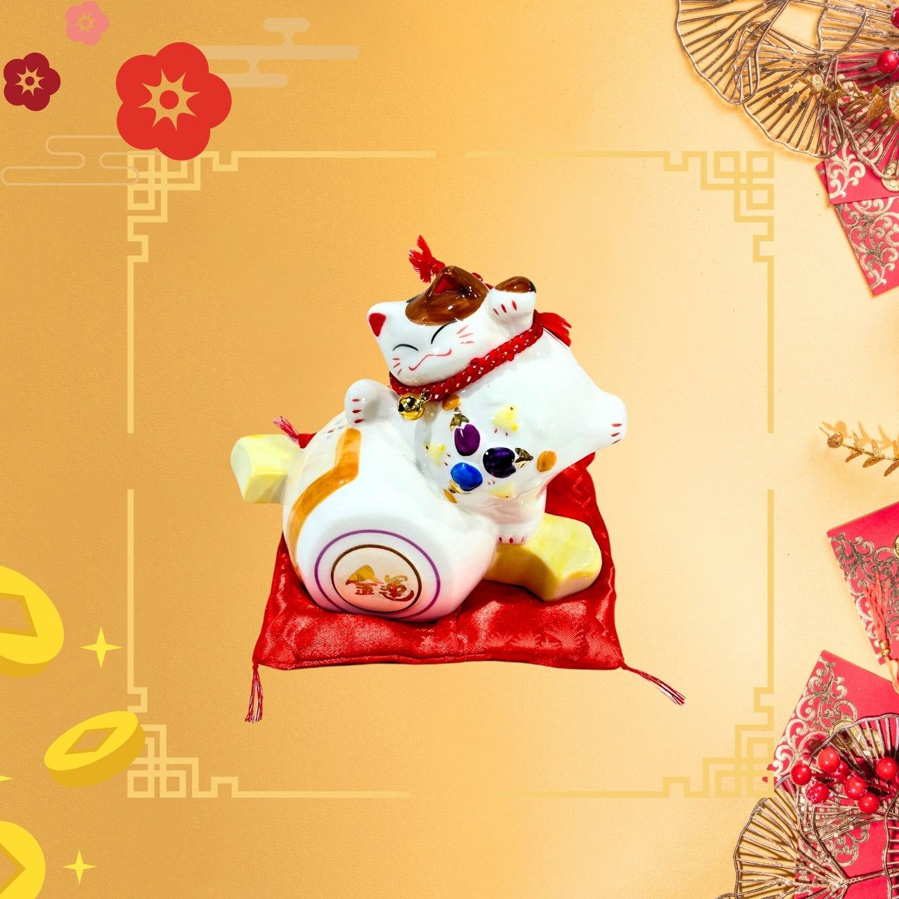 Lucky Cat - 色彩坐鼓招財貓 6“