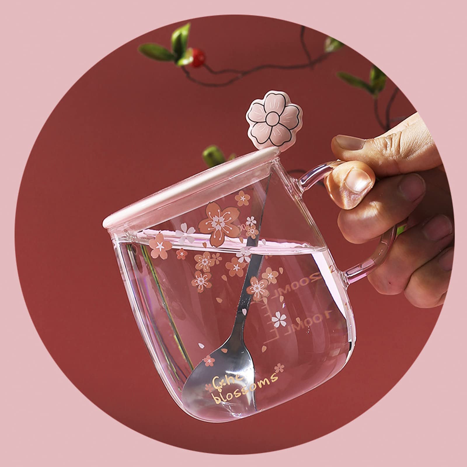 Cherry Dn Glass Mug with Lid & Spoon