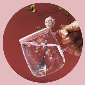 Cherry Dn Glass Mug with Lid & Spoon