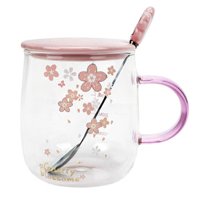 Cherry Dn Glass Mug with Lid & Spoon