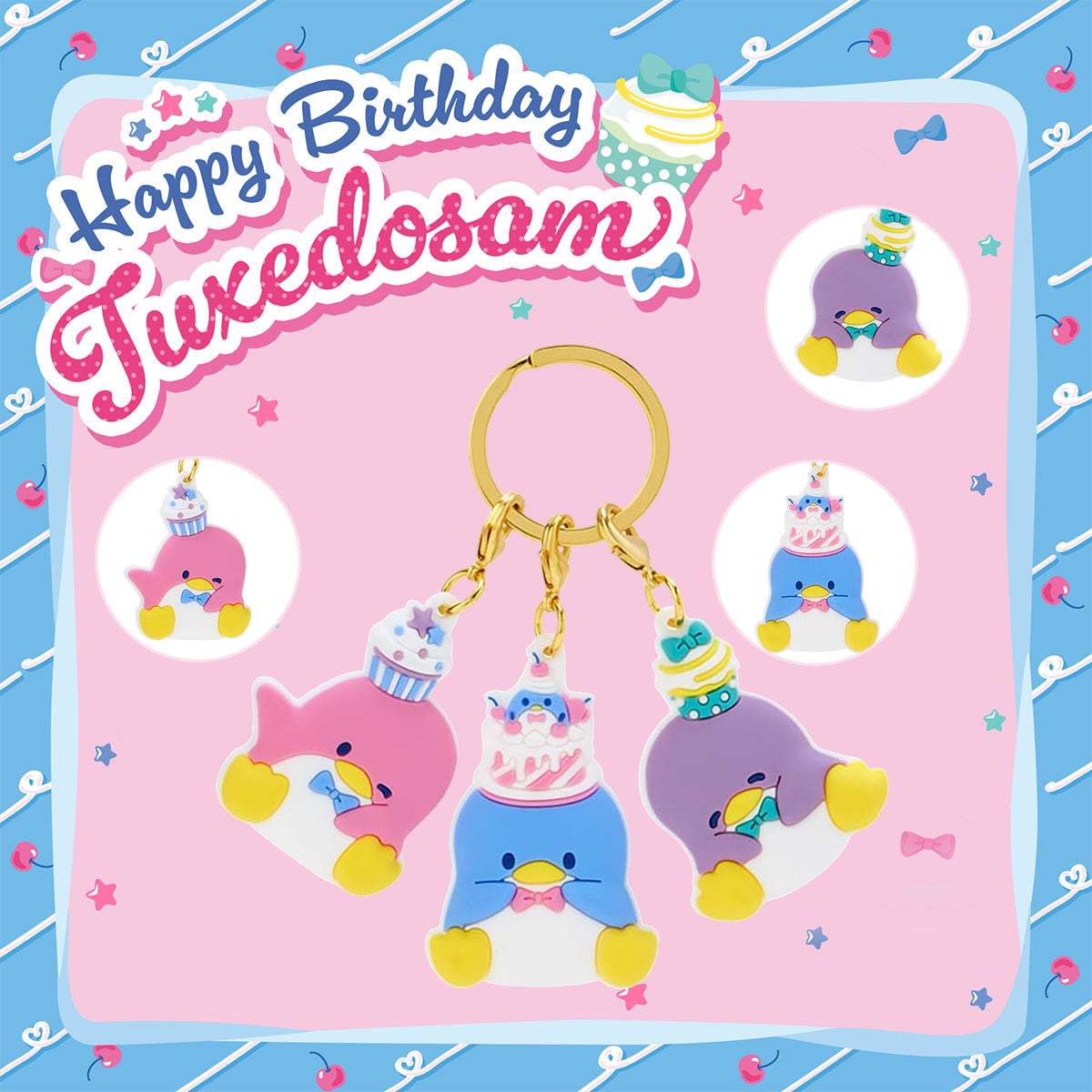 SANRIO© Tuxedo Sam Rubber Triple Keychain Charm Birthday 45th Anniversary (Japan Limited Edition)